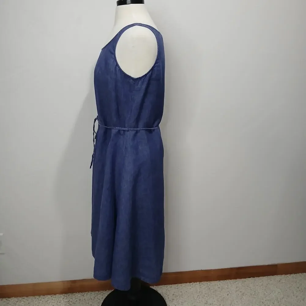 Eileen Fisher Linen Dress Size Small Blue Sleeveless Strappy Tie Waist Fit Flare - Picture 5 of 16